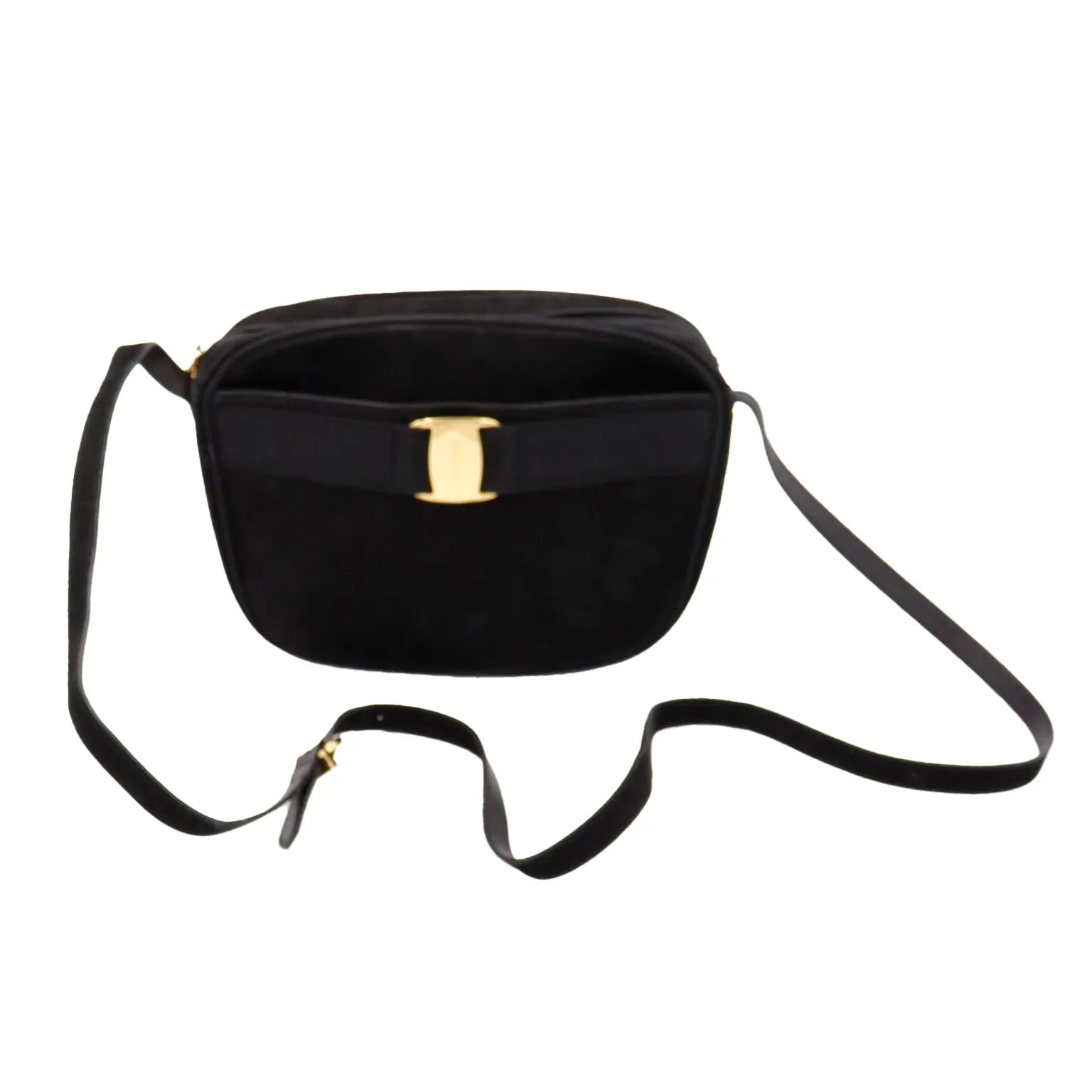 1990s Salvatore Ferragamo Black Suede Shoulder Bag W Logo Buckle