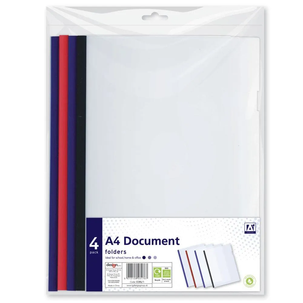 A4 Document Folders - 4 Pack Assorted Colours Organising Transporting Important Papers Documents