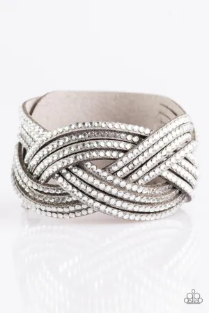 Big City Shimmer Silver and White Braided Wrap Snap Bracelet - Paparazzi Accessories