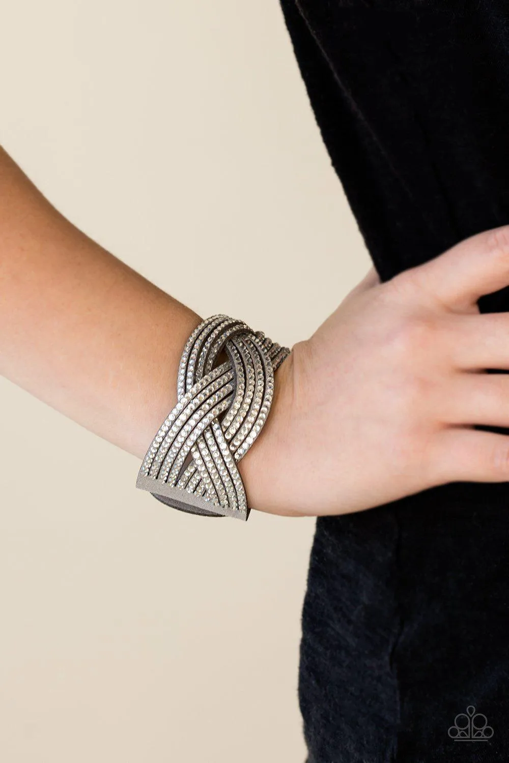 Big City Shimmer Silver and White Braided Wrap Snap Bracelet - Paparazzi Accessories