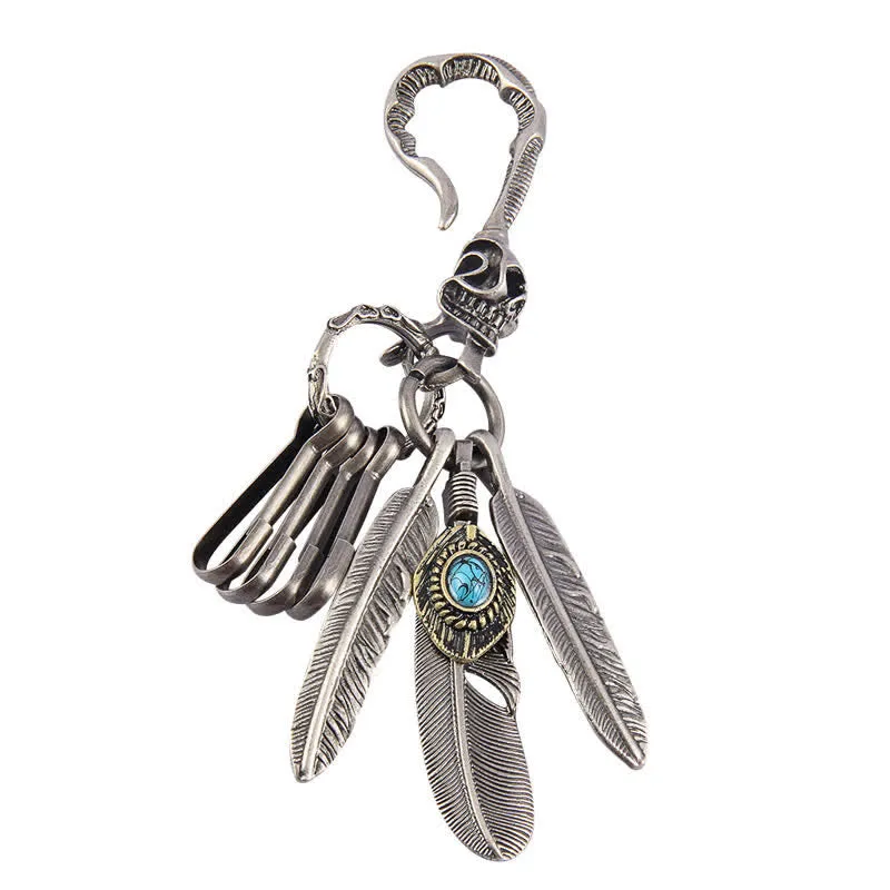 Boho Skull Feathers Blue Turquoise Leather Keychain