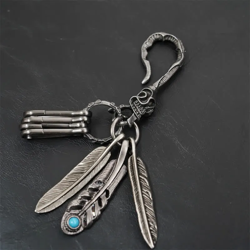 Boho Skull Feathers Blue Turquoise Leather Keychain