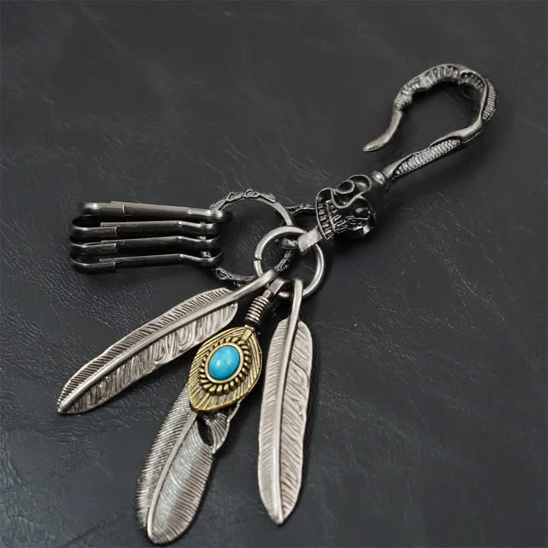 Boho Skull Feathers Blue Turquoise Leather Keychain