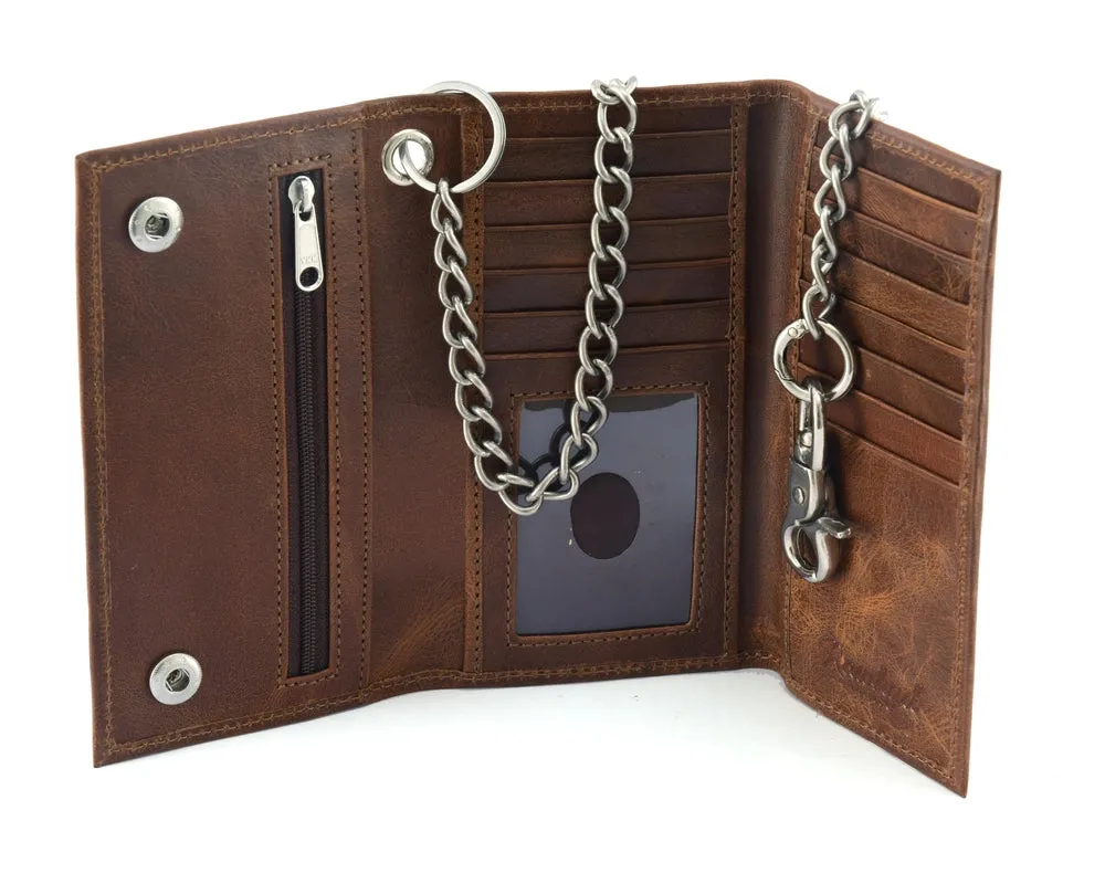 BWC234 Brown Long Bi-Fold Biker Leather Chain Wallet