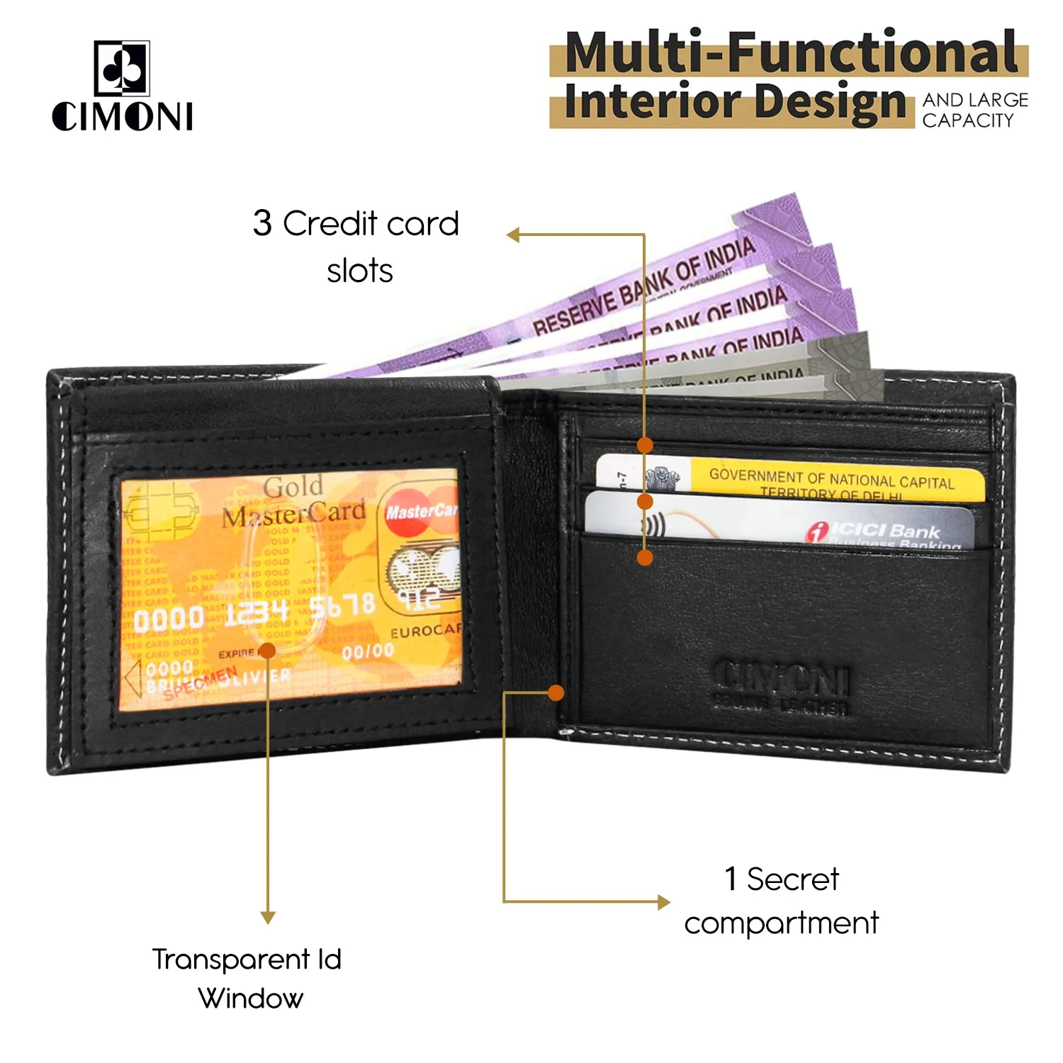 CIMONI® Premium Genuine Leather Wallet for Men Casual Wallet with RFID Protection 6 Card 1 Id Slots Slim Elegant Design Wallet (Color - Black)