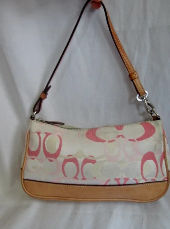 COACH 7027 Signature Demi Leather Clutch Wristlet Pouch Baguette Bag BEIGE PINK WHITE