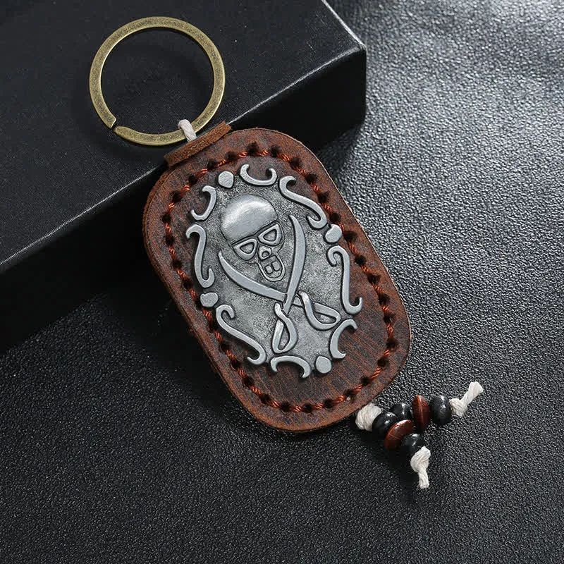 Double Swords Skull Pendant Leather Keychain