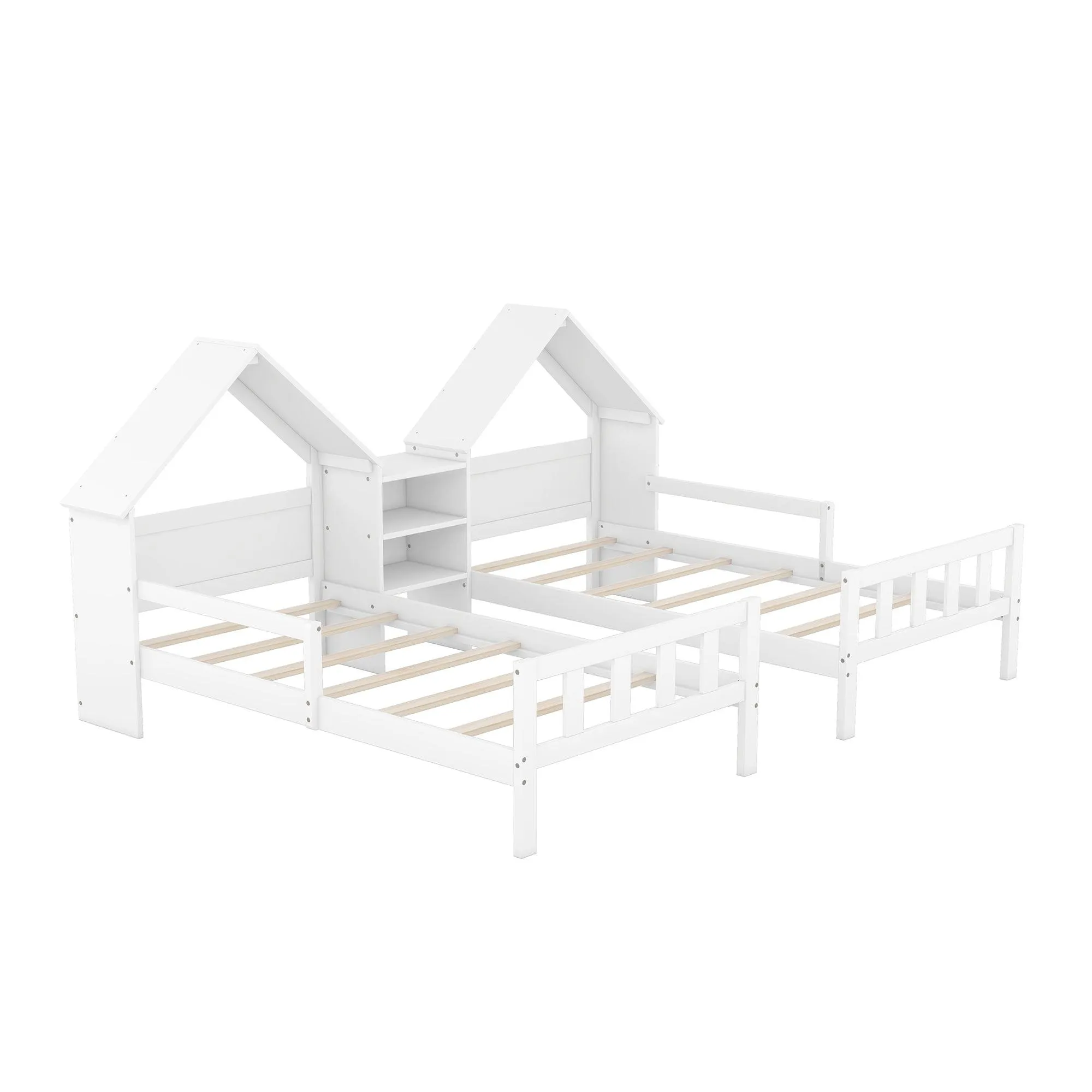 Double Twin Size Platform Bed with House-shaped Headboard and a Built-in Nightstand, White