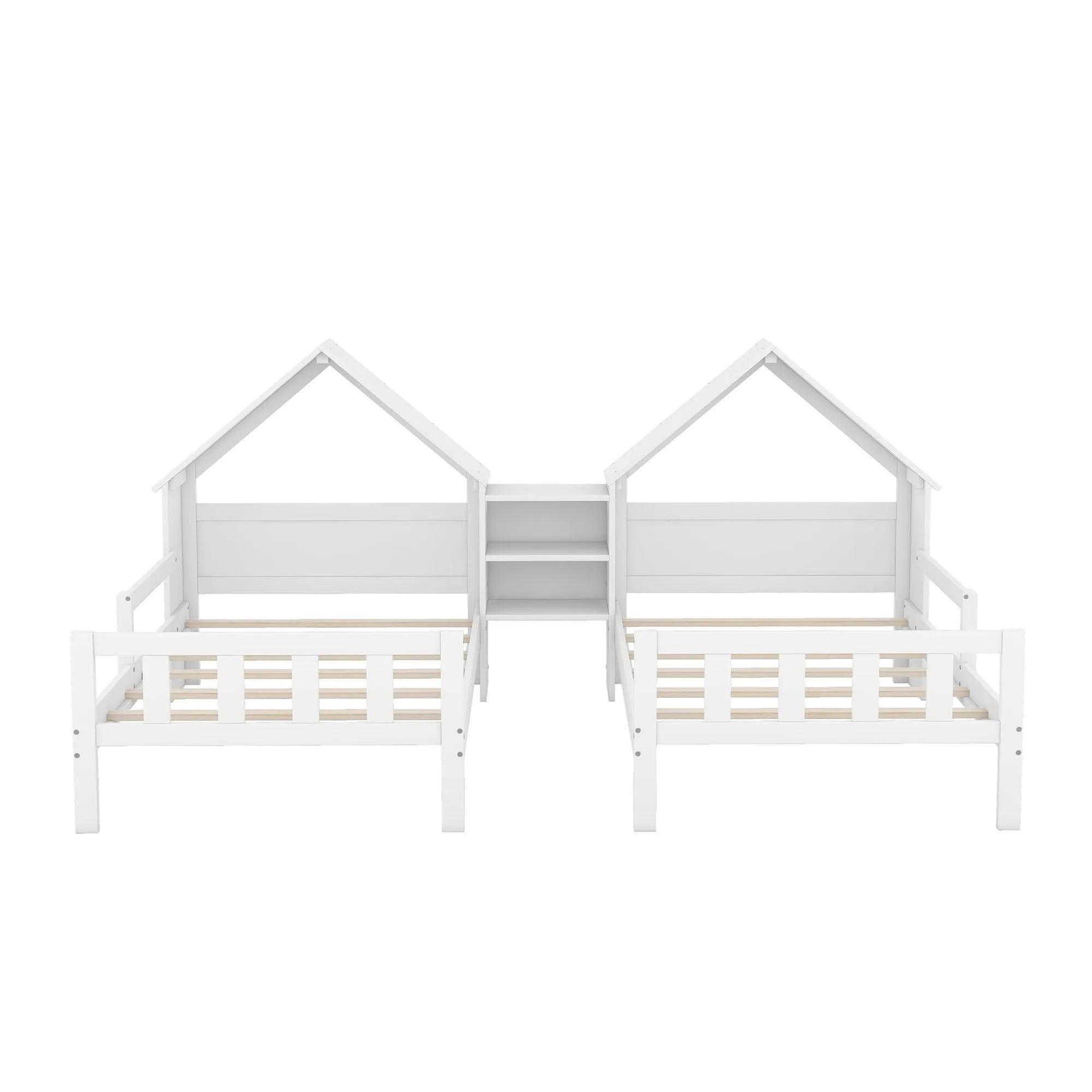 Double Twin Size Platform Bed with House-shaped Headboard and a Built-in Nightstand, White