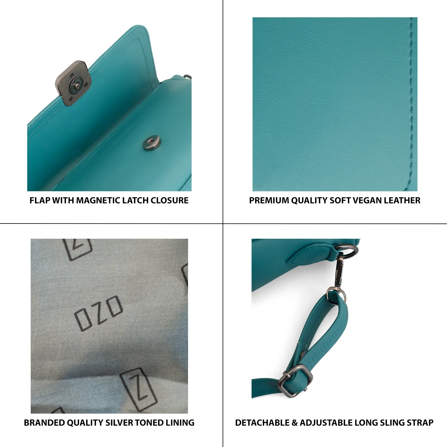 Elegant Teal Vegan Leather Sling Bag with Adjustable Strap, Magnetic Closure, and Multiple Compartments