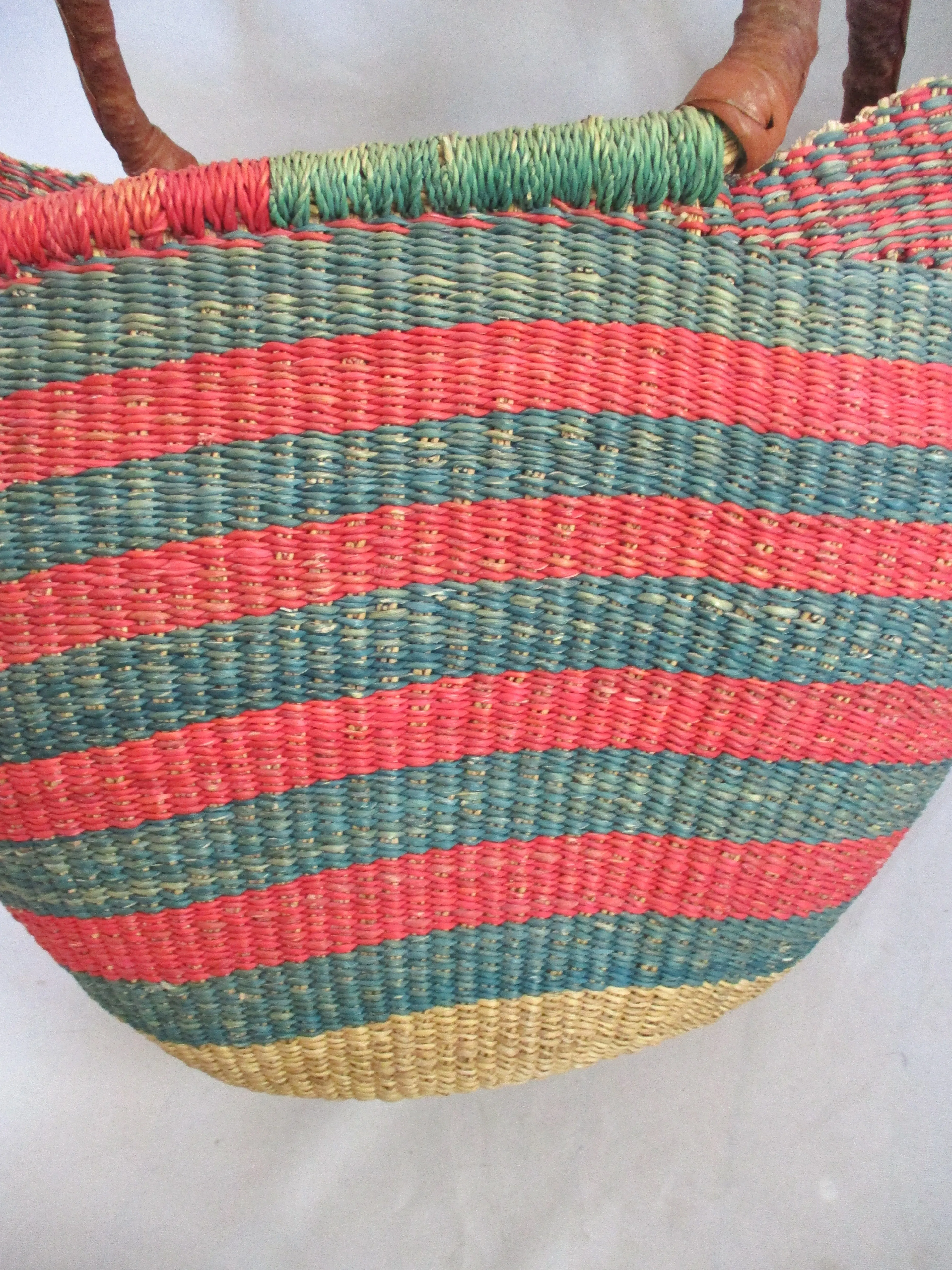 Ethnic Woven Knit Bucket Shoulder Bag TOTE PINK AQUA Shopper Market Leather