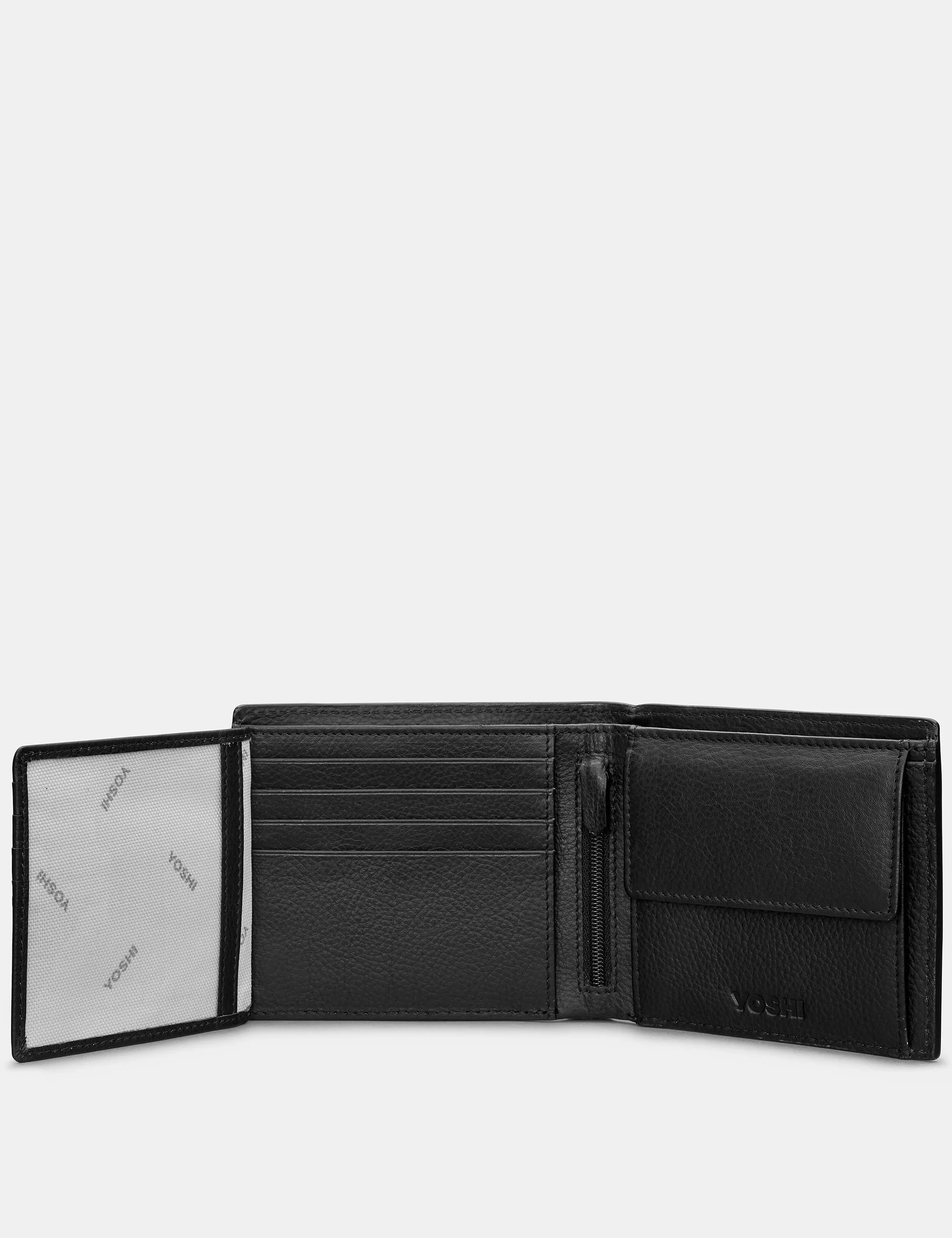 Extra Capacity Black Leather Wallet With Coin Pocket