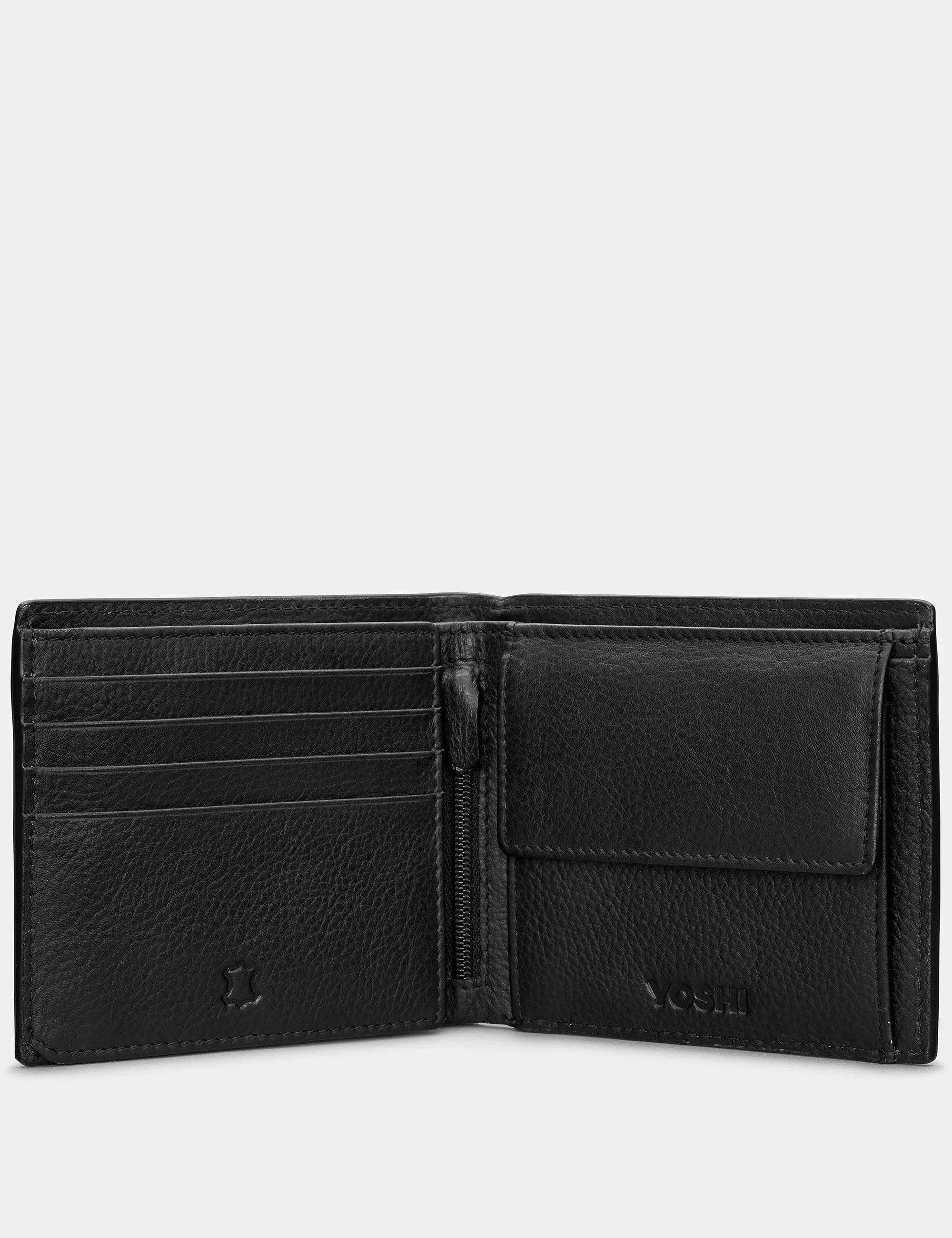 Extra Capacity Black Leather Wallet With Coin Pocket