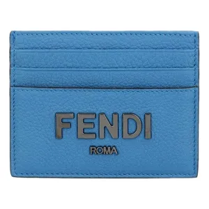 Fendi Signature Fiordaliso Blue Grained Leather Card Case Wallet