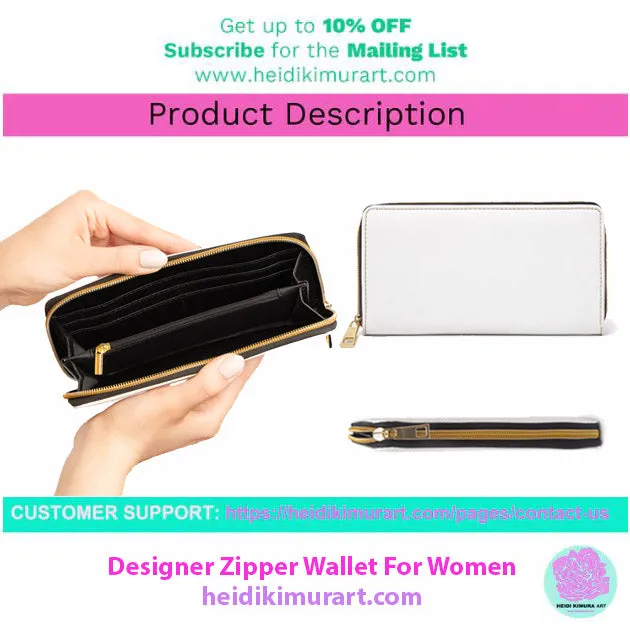 Grey Floral Rose Zipper Wallet, Floral Elegant Long Compact Designer Premium Quality Women's Wallet