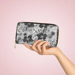 Grey Floral Rose Zipper Wallet, Floral Elegant Long Compact Designer Premium Quality Women's Wallet