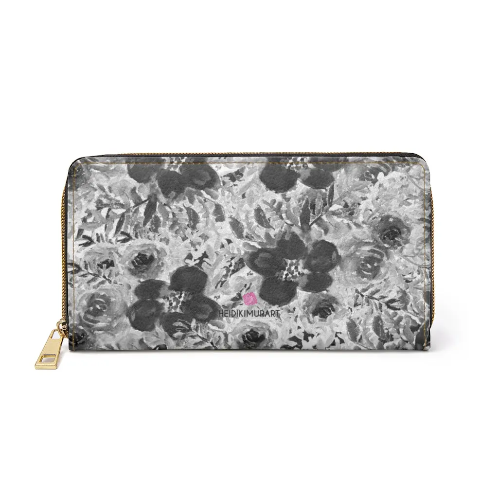 Grey Floral Rose Zipper Wallet, Floral Elegant Long Compact Designer Premium Quality Women's Wallet