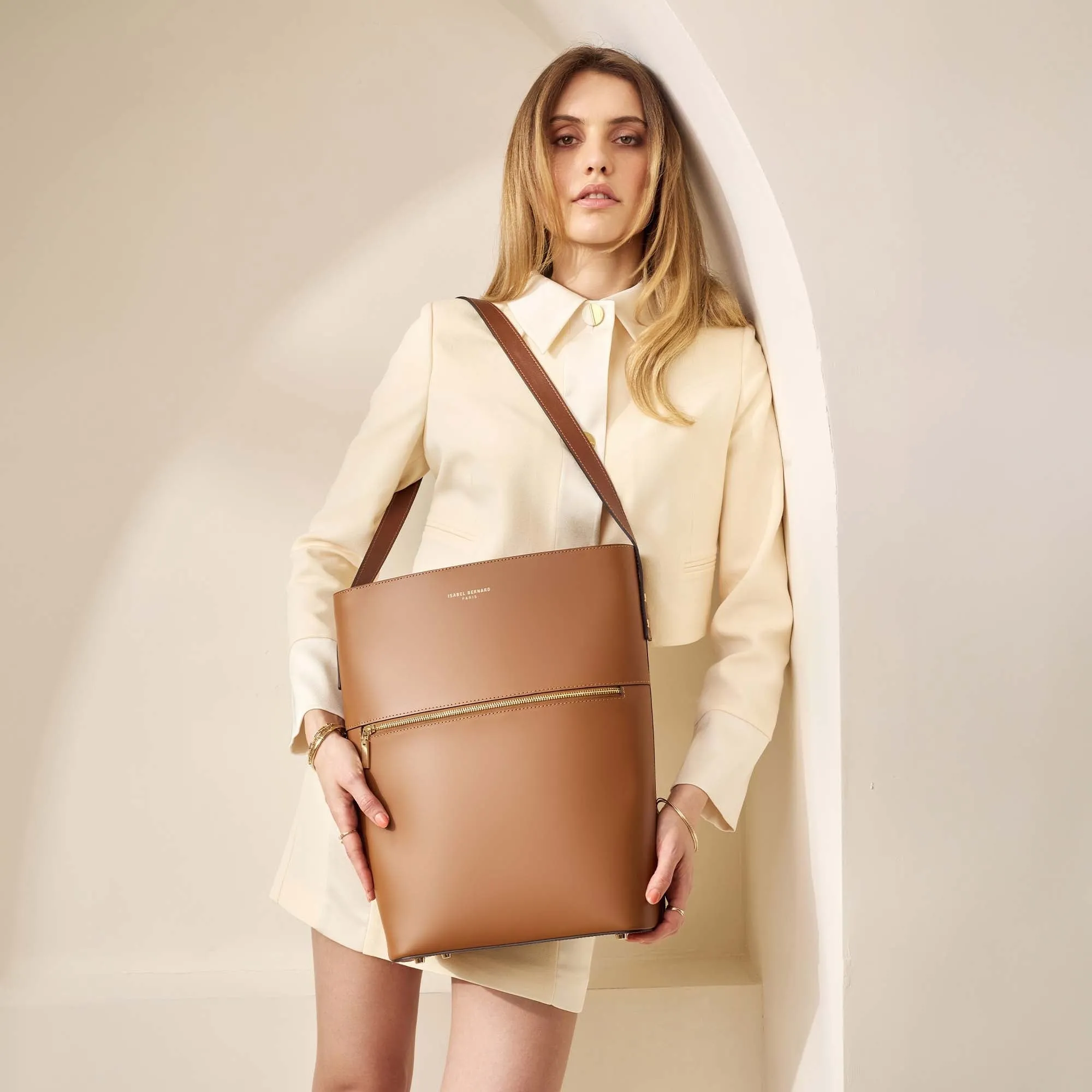 Honoré Flora camel calfskin leather shoulder bag with laptop compartment