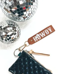 Howdy Star Print Faux Leather Keychain in Brown with Matte Gold Tone Key Ring