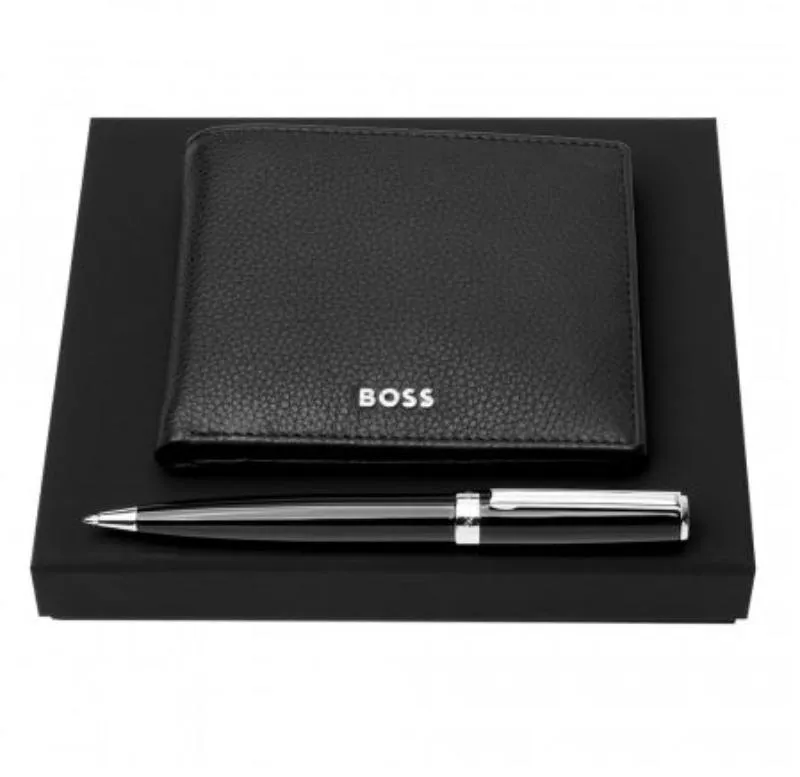 HUGO BOSS Luxury Black Leather Slim Wallet & Pen Set