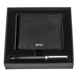 HUGO BOSS Luxury Black Leather Slim Wallet & Pen Set