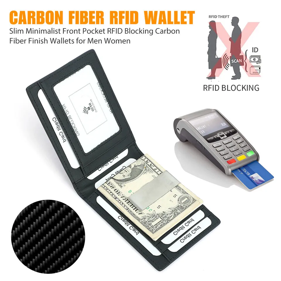 Leather Bifold Slim Men's Wallet Carbon Fiber RFID Blocking Case with Money Clip