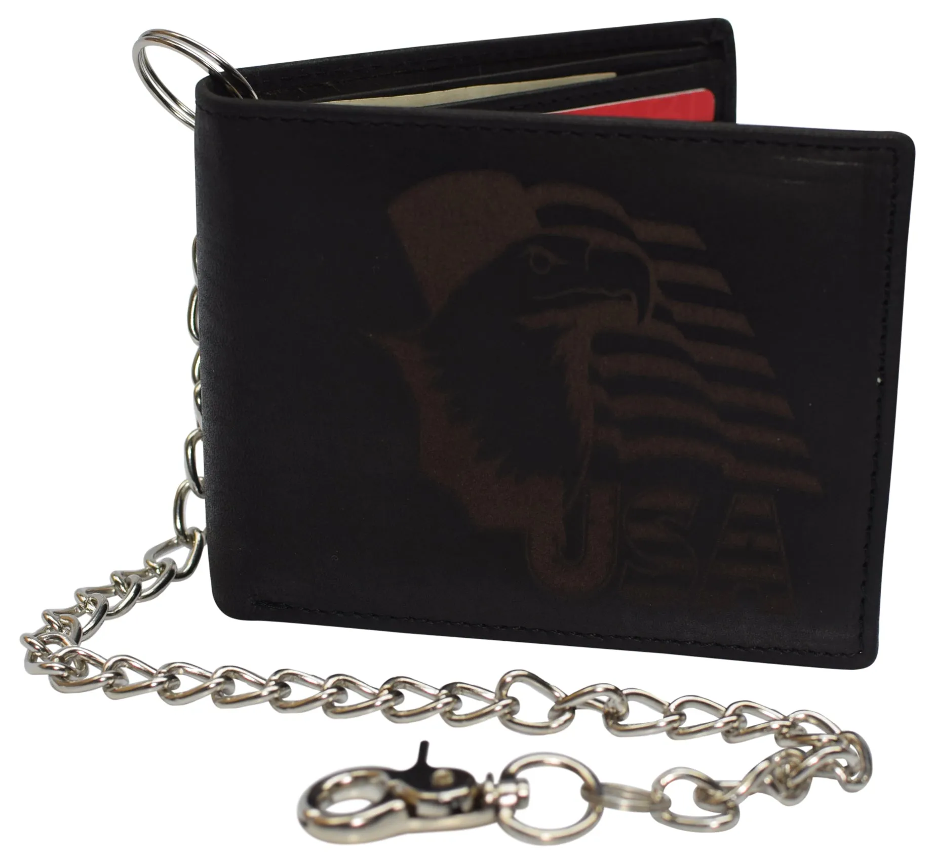 Men's Genuine Leather RFID Blocking Bifold Chain Logo Wallets Black, Biker Wallet for Men