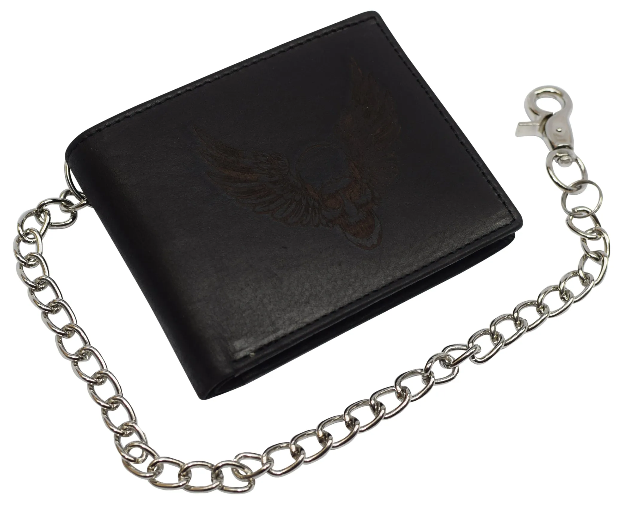 Men's Genuine Leather RFID Blocking Bifold Chain Logo Wallets Black, Biker Wallet for Men