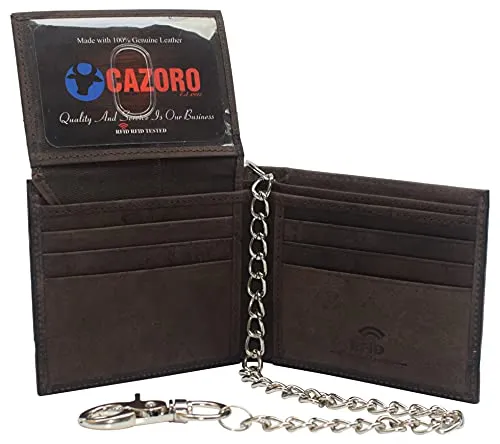 Men's Genuine Leather RFID Blocking Chain Biker Bifold Flap Up ID Wallet