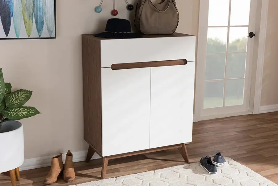 Merrick White/Walnut Wood Storage Shoe Cabinet