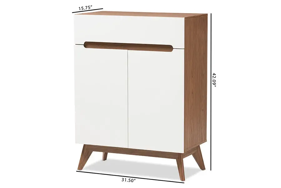 Merrick White/Walnut Wood Storage Shoe Cabinet