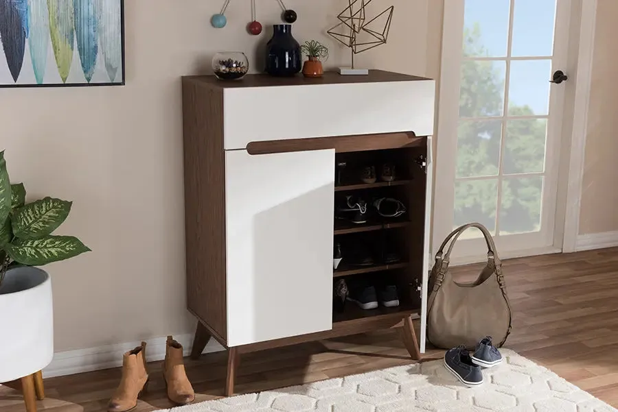 Merrick White/Walnut Wood Storage Shoe Cabinet