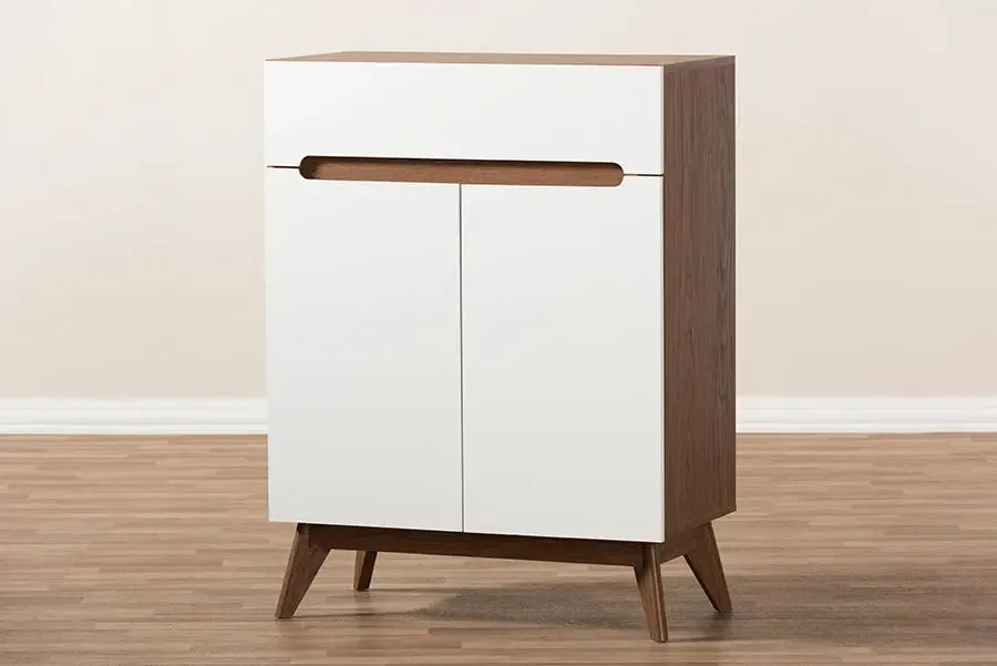 Merrick White/Walnut Wood Storage Shoe Cabinet