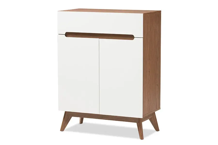 Merrick White/Walnut Wood Storage Shoe Cabinet