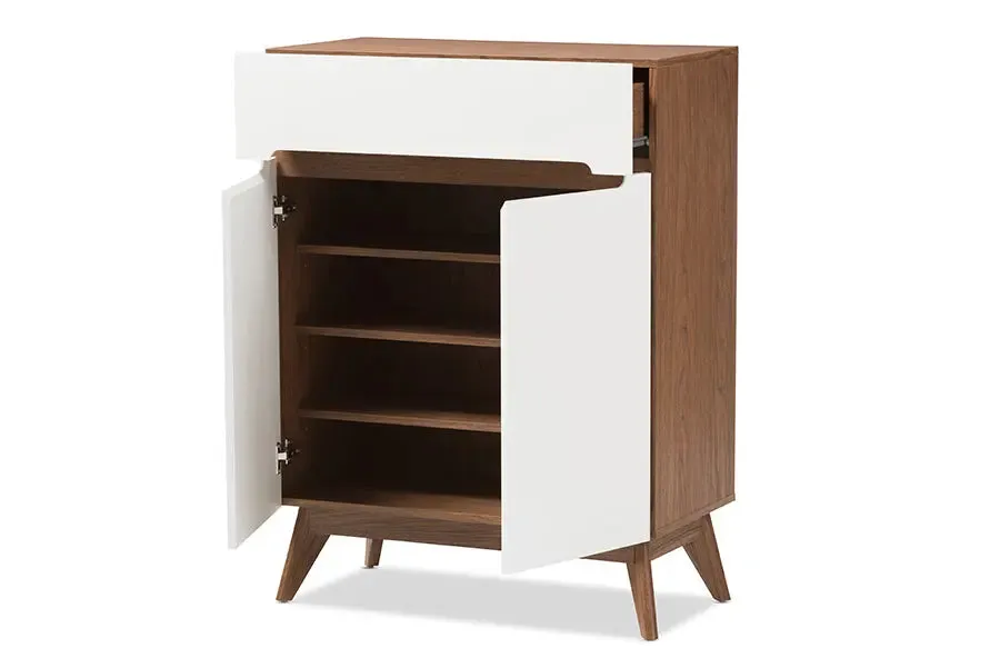 Merrick White/Walnut Wood Storage Shoe Cabinet