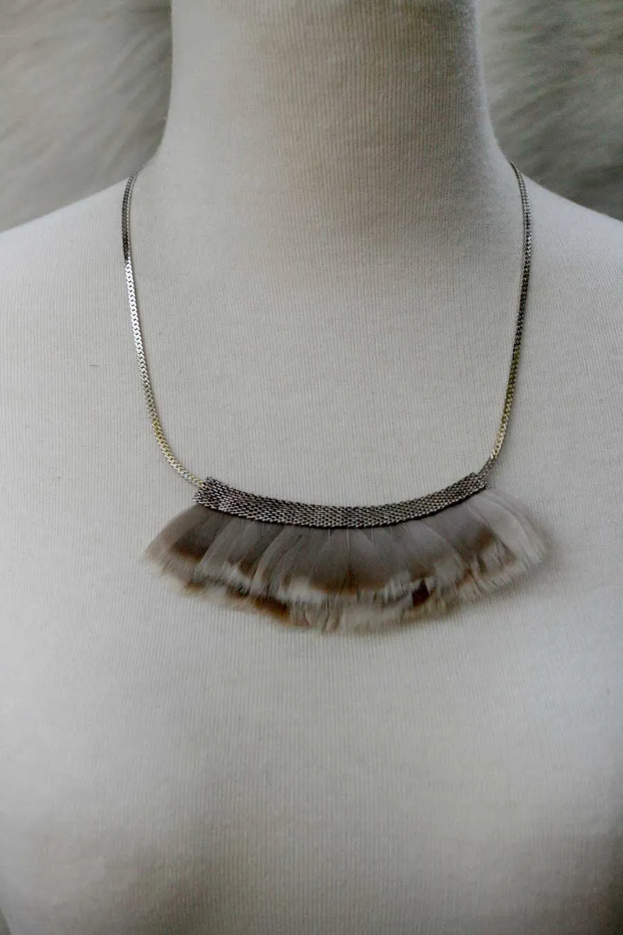 Mesh Feather Bib Statement Necklace - GREY