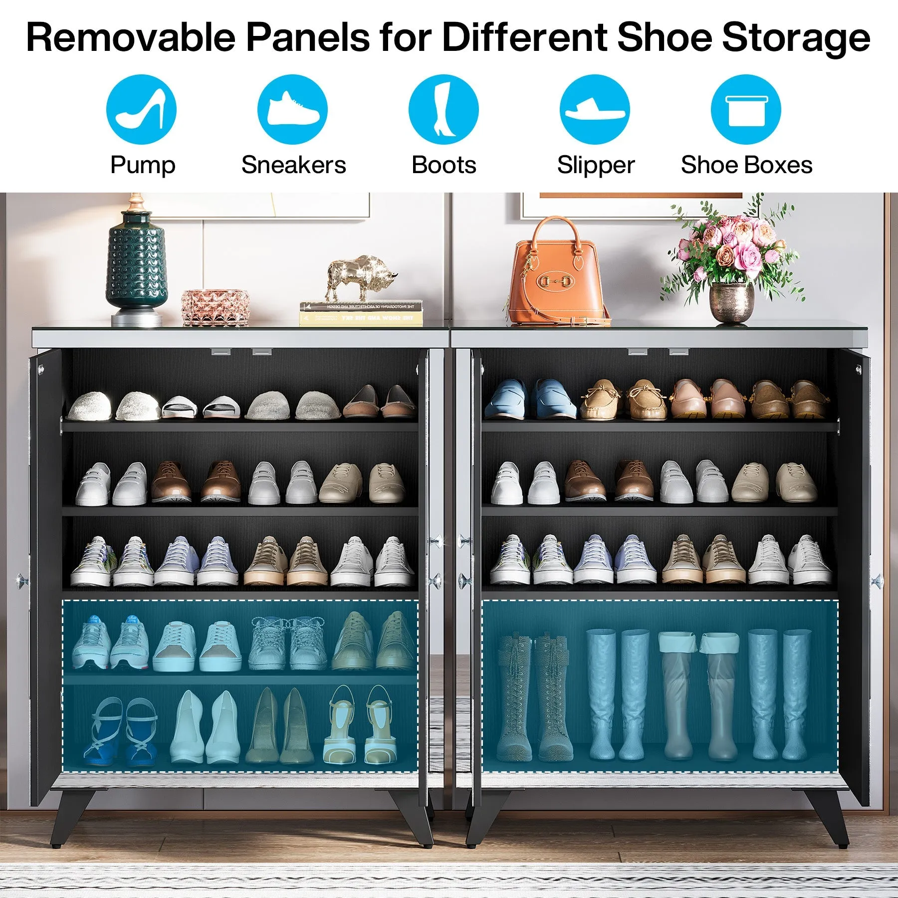 Modern Shoe Cabinet Entryway Shoe Organizer with Mirrored Doors