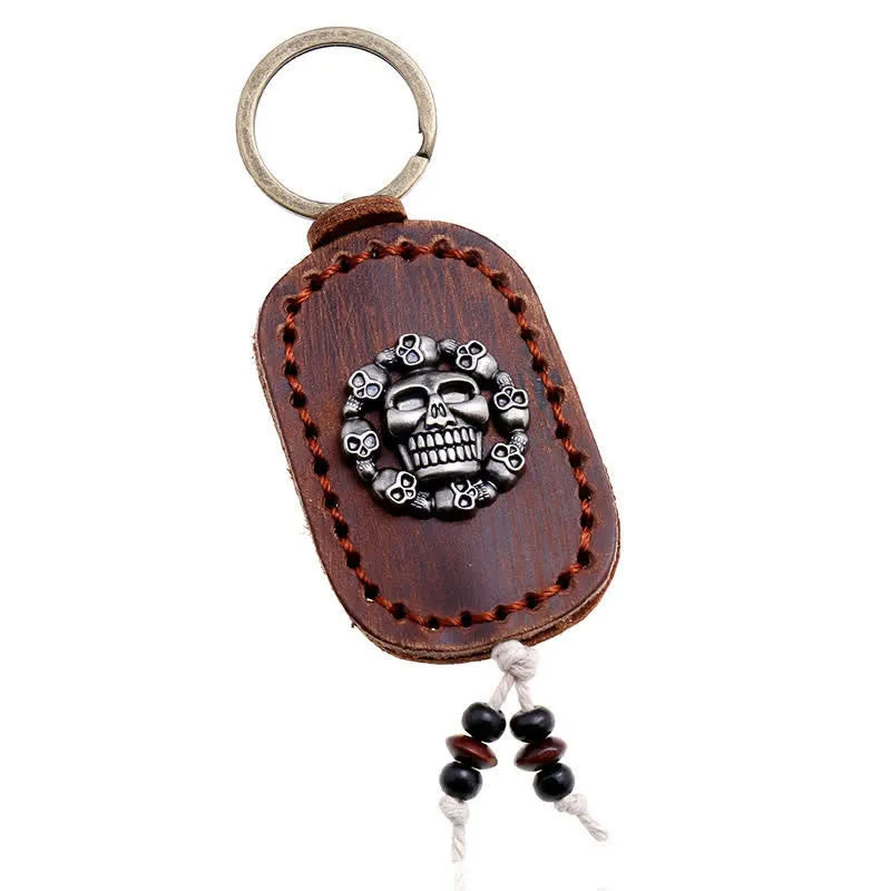 Oval Skull Gothic Style Pendant Leather Keychain