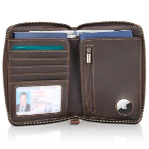 Polare Full Grain Leather Travel Passport Wallet with YKK Zipper and RFID Blocking Document Organizer Holder 2 Passports (Dark Brown with AirTag Slot)