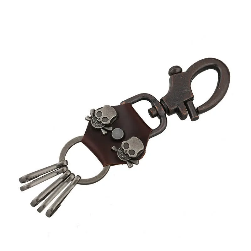 Punk Dual Skull Head Leather Keychain