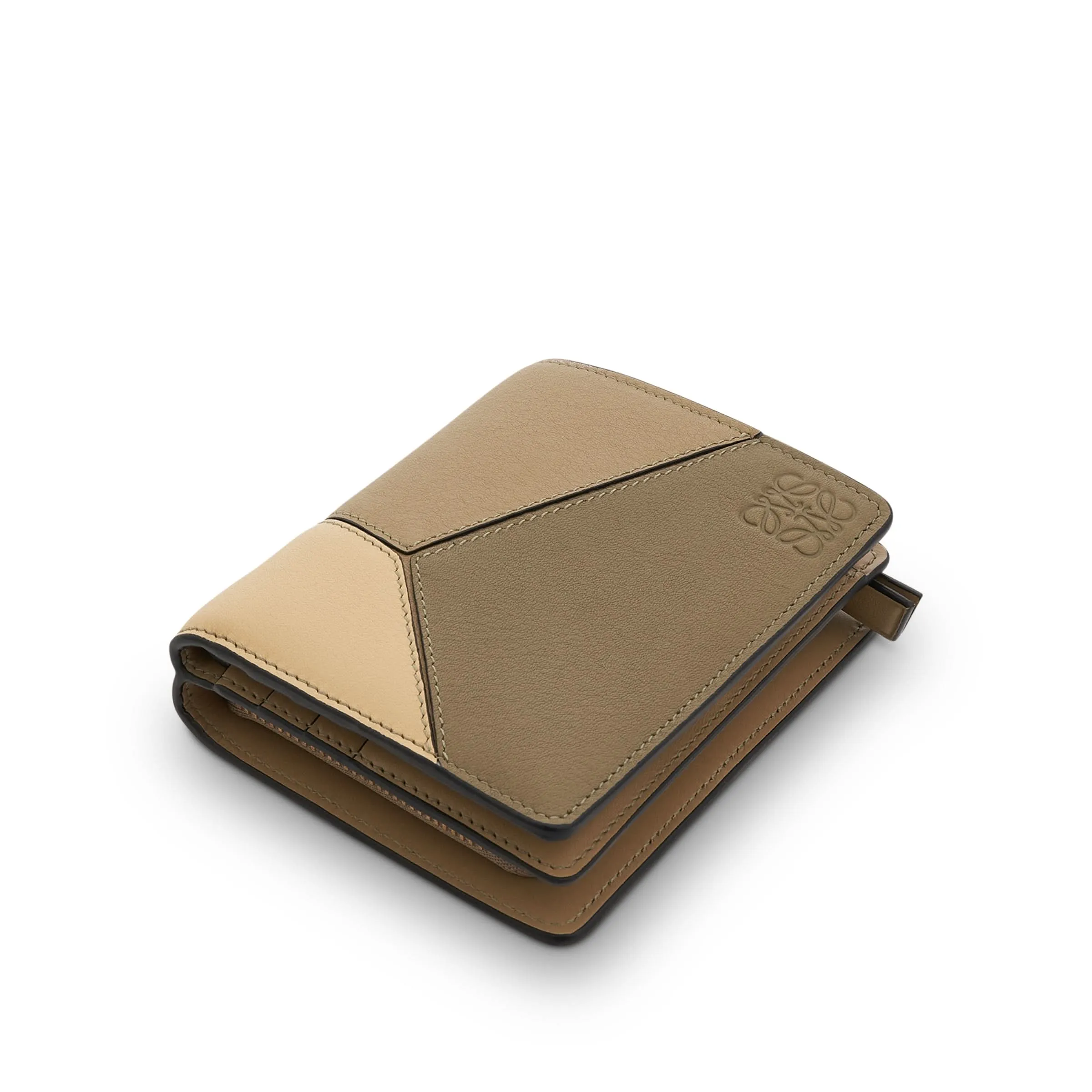 Puzzle Compact Zip Wallet in Classic Calfskin in Clay Green/Butter