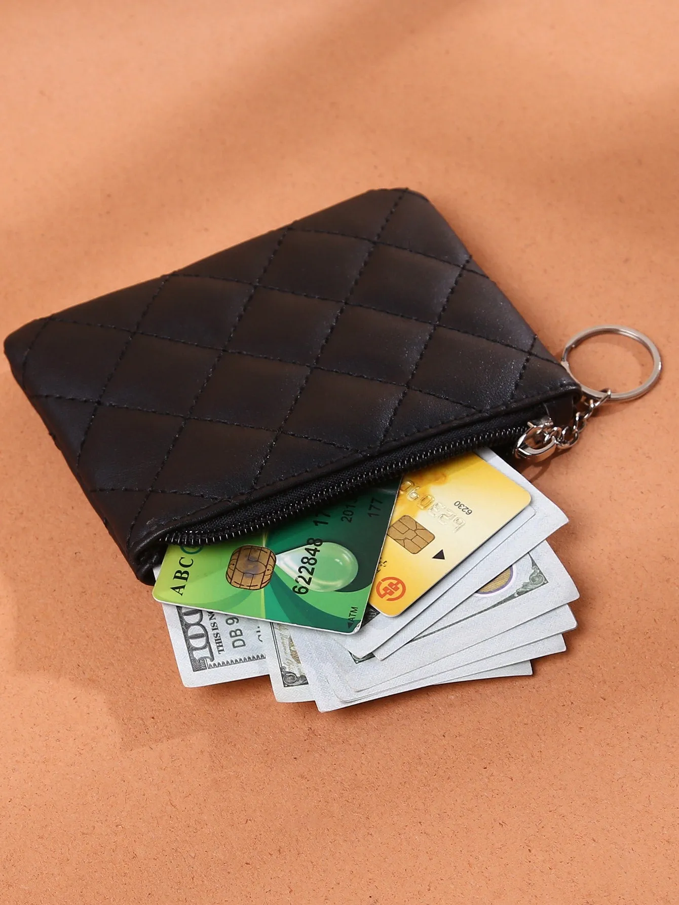 Quilted Pattern Coin Case With Keychain Zipper Coin Purse Mini Bag Change Pouch