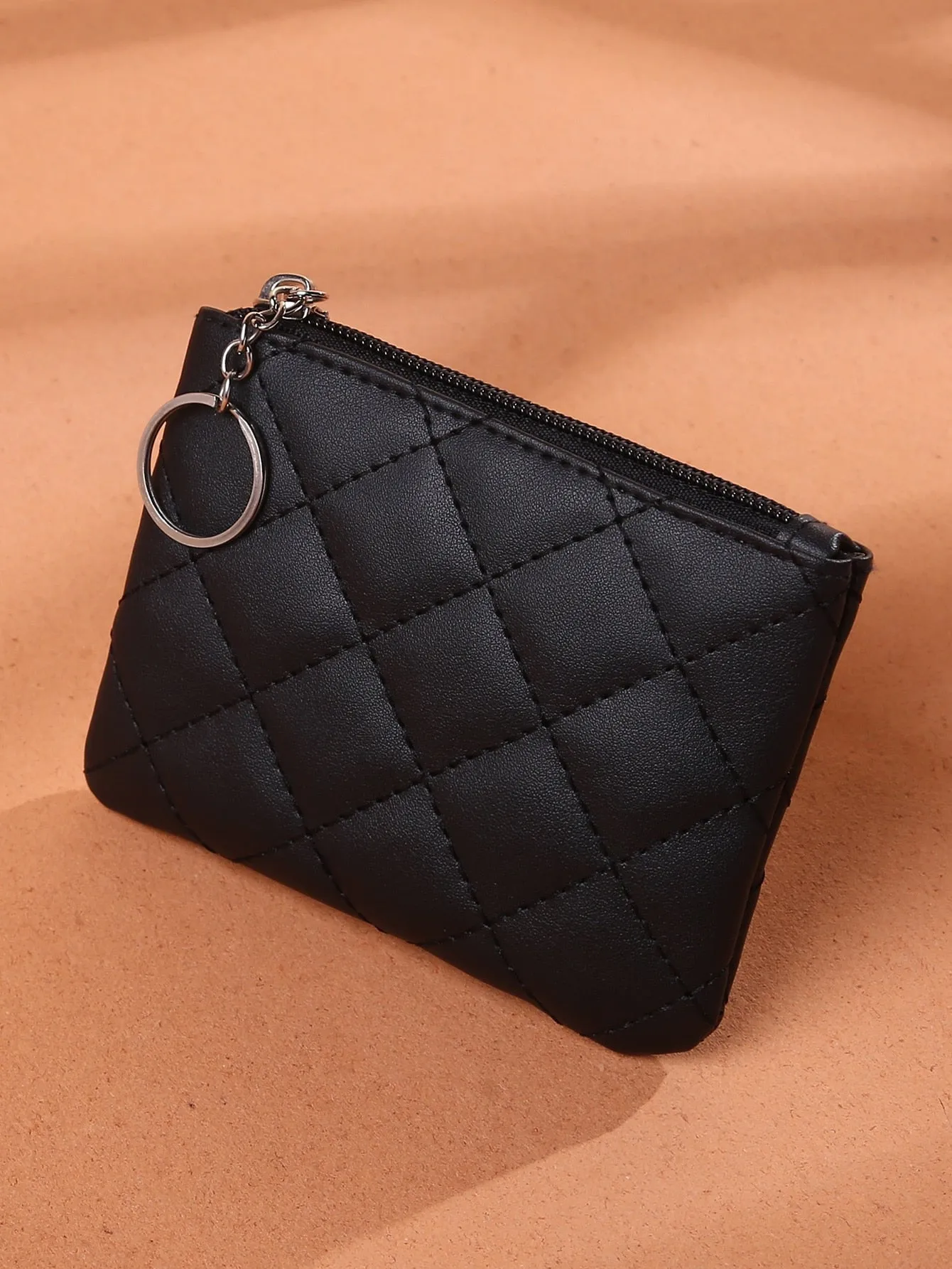 Quilted Pattern Coin Case With Keychain Zipper Coin Purse Mini Bag Change Pouch