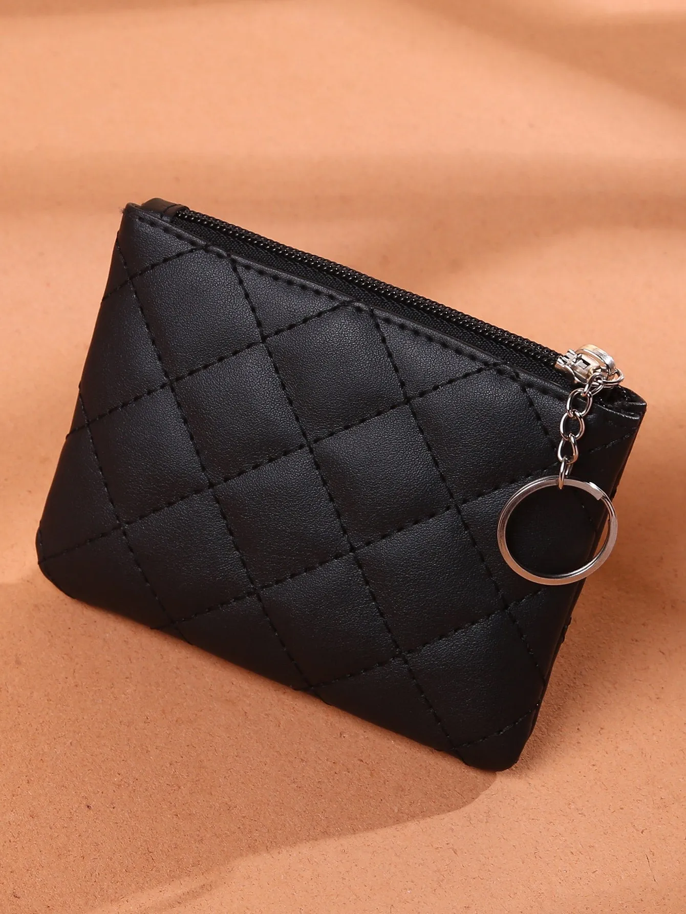 Quilted Pattern Coin Case With Keychain Zipper Coin Purse Mini Bag Change Pouch