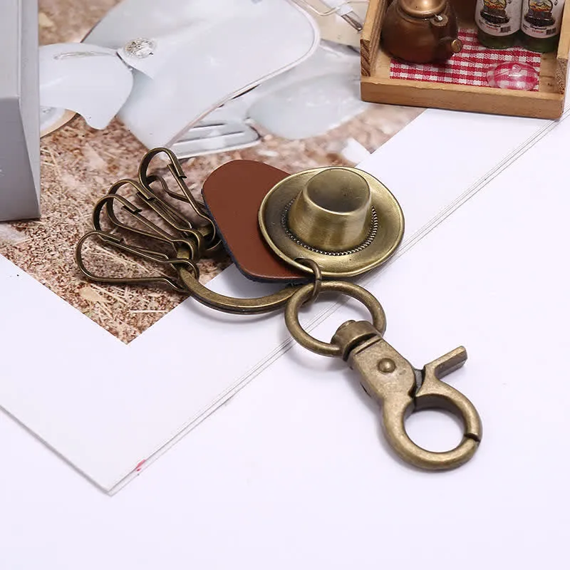 Retro Ancient Bronze Cowboy Hat Leather Keychain