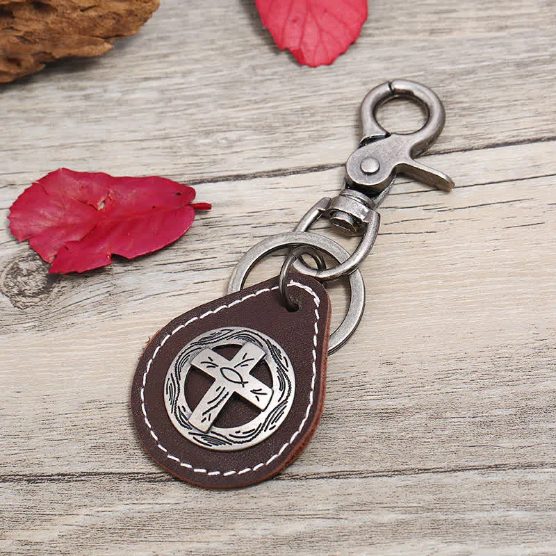 Retro Cross Hanging Pendant Leather Keychain