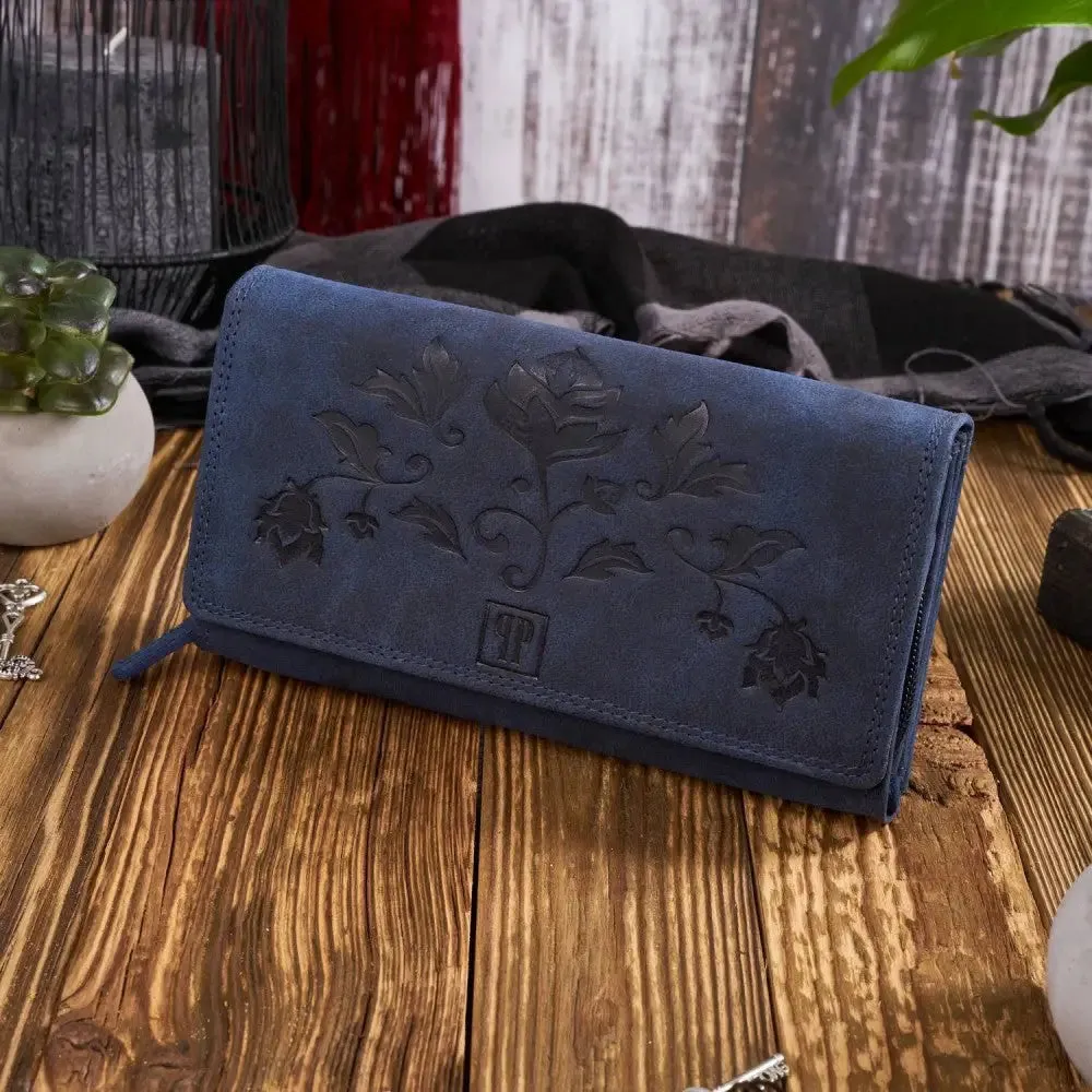 Stylish Women's Vintage Leather Wallet with Classic Floral Motif - RFID Protection & Ample Storage