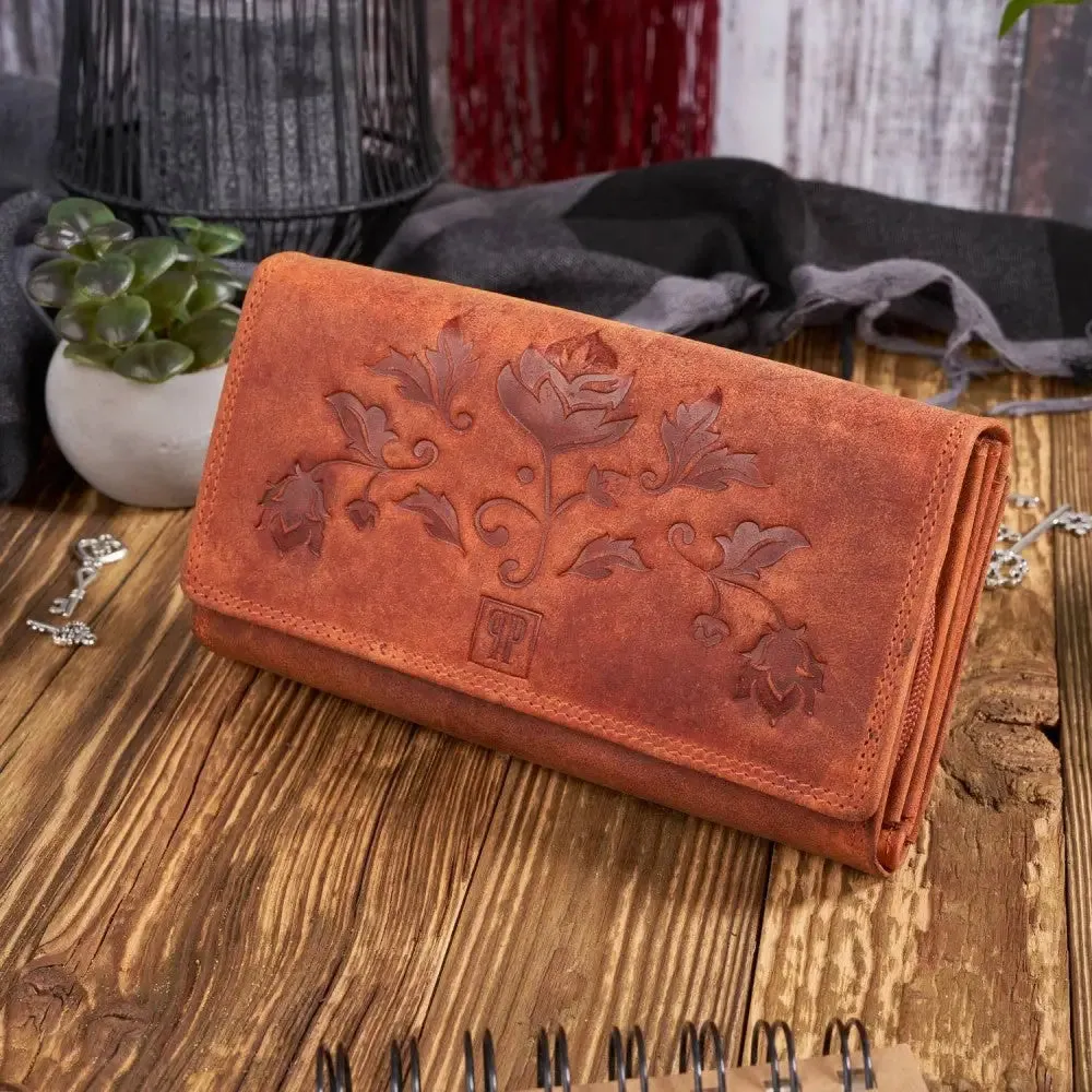 Stylish Women's Vintage Leather Wallet with Classic Floral Motif - RFID Protection & Ample Storage