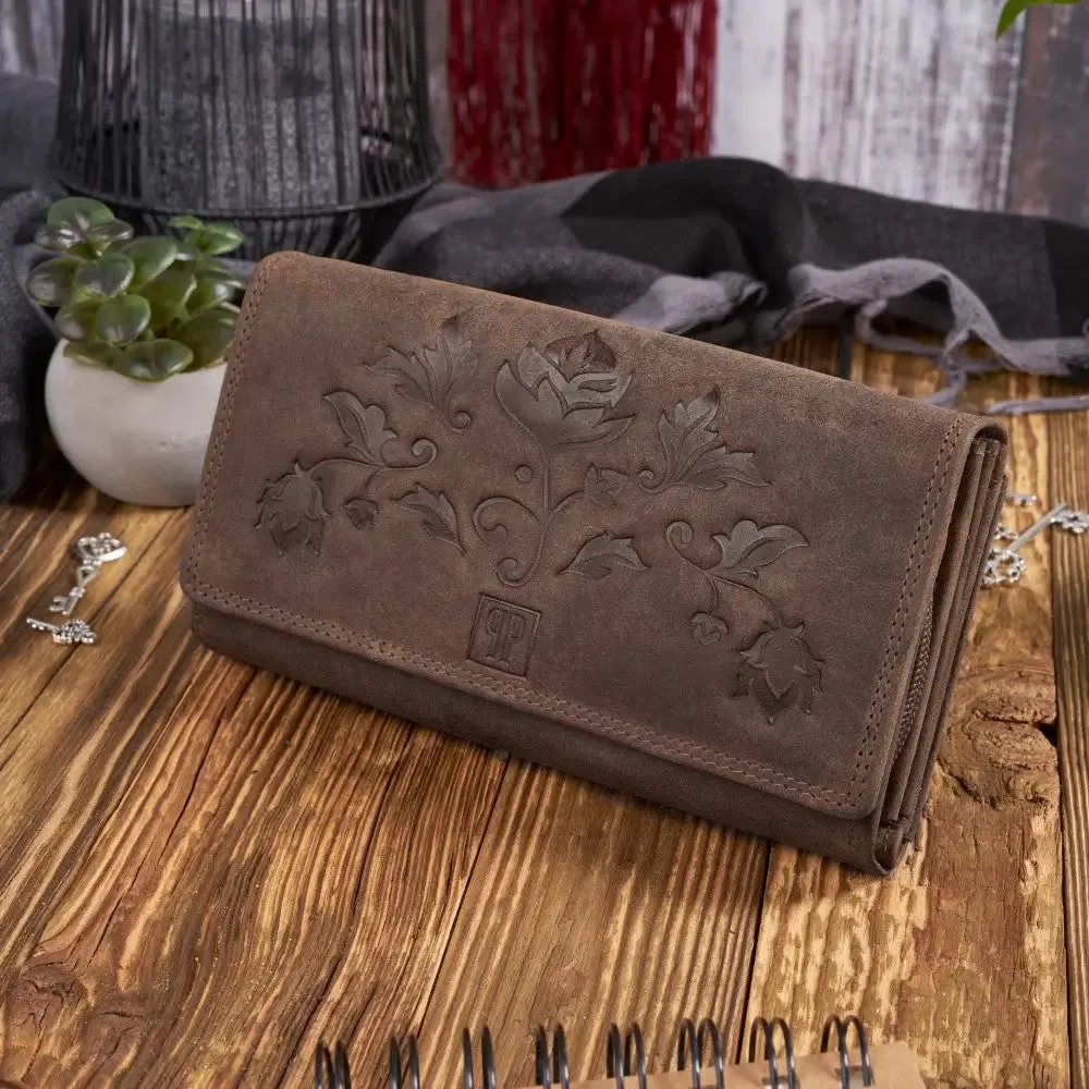 Stylish Women's Vintage Leather Wallet with Classic Floral Motif - RFID Protection & Ample Storage