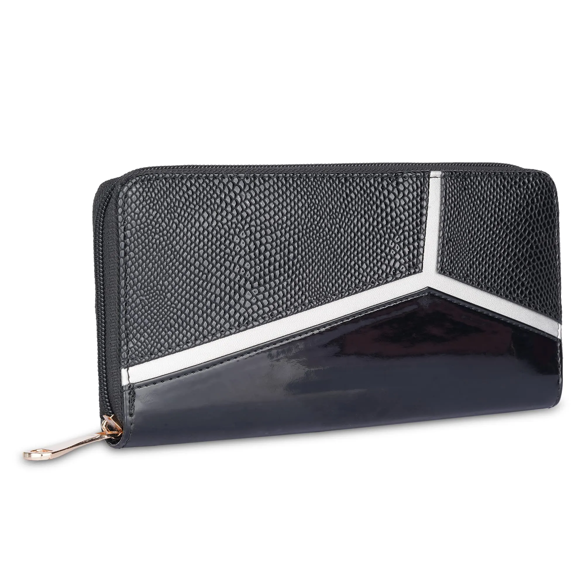 THE CLOWNFISH Katherine Collection Faux Leather Zip Around Style Womens Wallet Clutch Handheld Ladies Purse with Multiple Card Holders (Black)